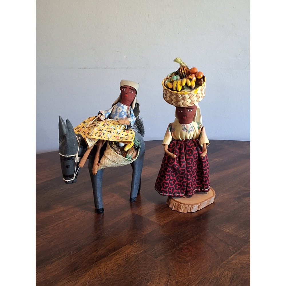 Vintage Caribbean Folk Art Dolls Set Fruit Seller and Woman on Donkey Handmade